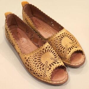 Spring Step Mustard Cut-Out Peep-Toe Loafers